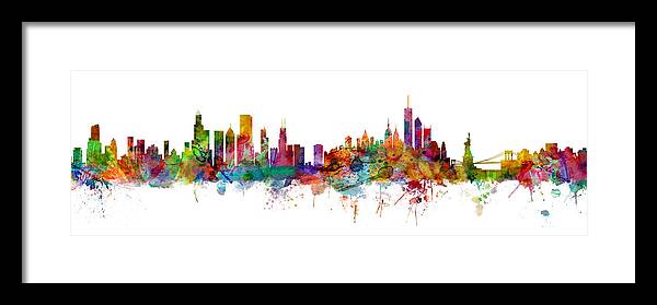 Chicago Framed Print featuring the digital art Chicago And New York City Skylines Mashup by Michael Tompsett