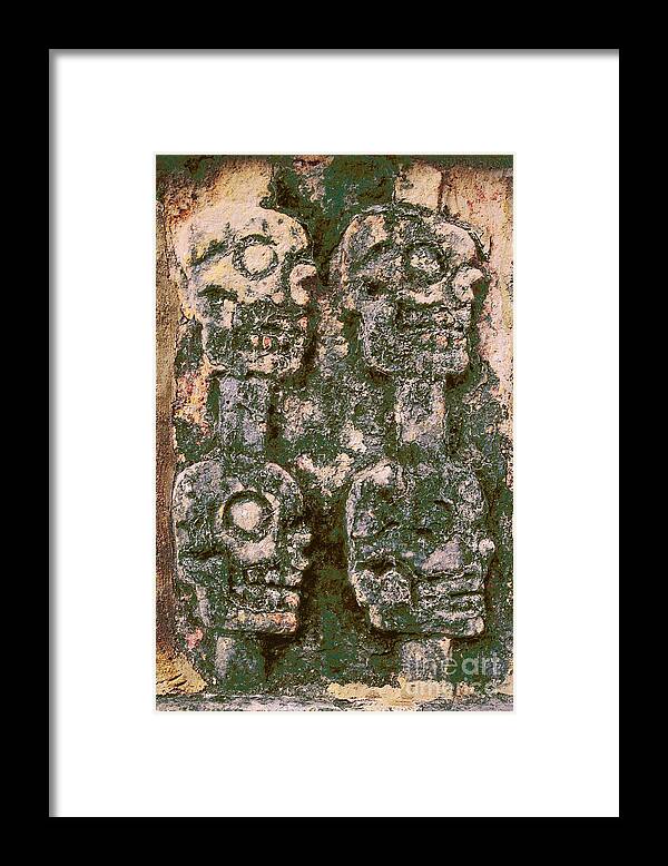 Mexico Framed Print featuring the photograph Chichen Itza Mayan art - Four Skulls #1 by Sharon Hudson