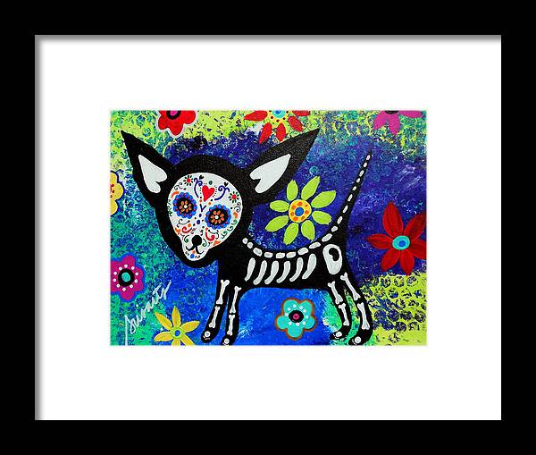 Day Of The Dead Framed Print featuring the painting Chihuahua Day Of The Dead #1 by Pristine Cartera Turkus