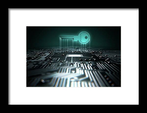 Key Framed Print featuring the digital art Circuit Board Projecting Key #1 by Allan Swart