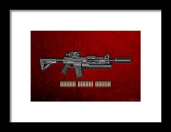the Armory By Serge Averbukh Framed Print featuring the photograph Colt M 4 A 1 S O P M O D Carbine with 5.56 N A T O Rounds on Red Velvet #1 by Serge Averbukh