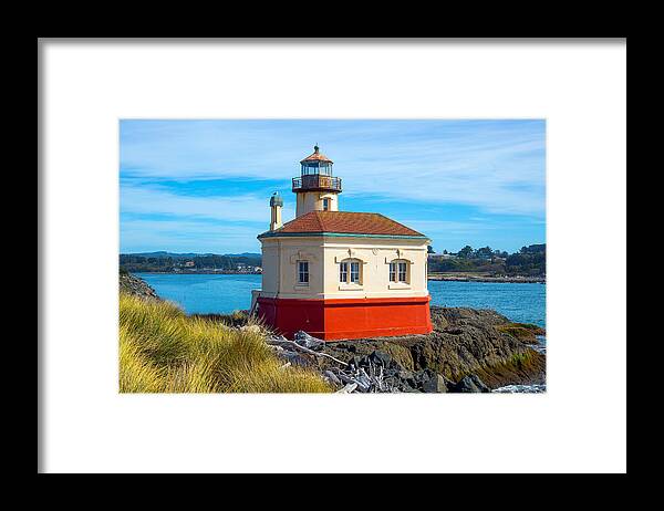 Lighthouse Framed Print featuring the tapestry - textile Coquille Lighthouse #1 by Dennis Bucklin