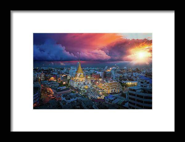 Bangkok Framed Print featuring the photograph Day to night short of Temple in china town #1 by Anek Suwannaphoom