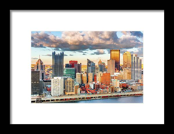 Aerial Framed Print featuring the photograph Downtown Pittsburgh #1 by Mihai Andritoiu
