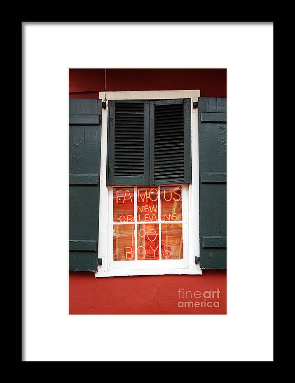 New Orleans Framed Print featuring the photograph Famous New Orleans PO BOYS Red Neon Window Sign #2 by Shawn O'Brien