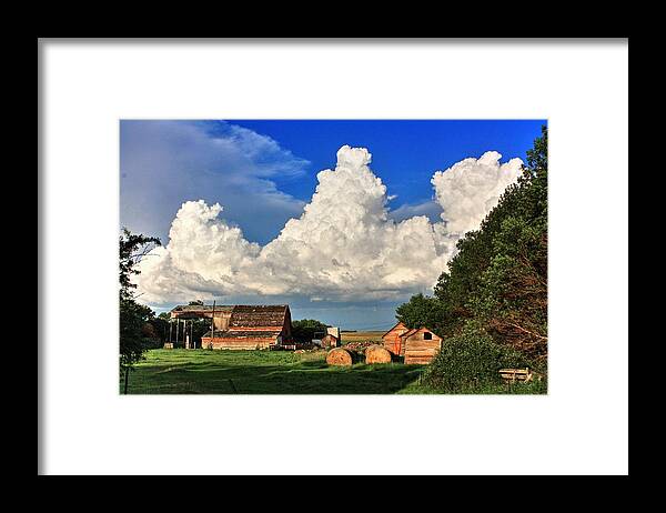 Clouds Country Lanes Dusty Lanes Storm Clouds Fields Prairies Crops Tractors Bins Harvesting Farming Ranching Living Off The Land Grass Tracks Mud Paths Barns Trees Cumulus Clouds Framed Print featuring the photograph Farm Yard #1 by David Matthews