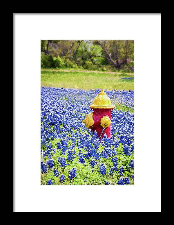 Blue Flowers Framed Print featuring the photograph Fire Hydrant in the Bluebonnets #1 by Victor Culpepper