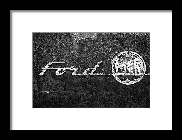Ford F-100 Emblem Framed Print featuring the photograph Ford F-100 Emblem On A Rusted Hood #1 by Matthew Pace