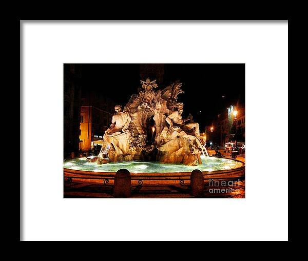 Gian Lorenzo Bernini Framed Print featuring the photograph Fontana dei Quattro Fiumi at Night by Angela Rath