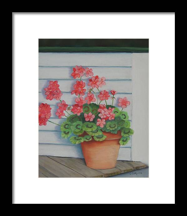 Front Framed Print featuring the pastel Front Porch Geraniums by Carol Corliss