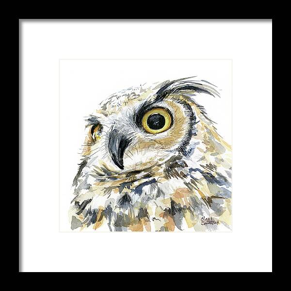 Owl Framed Print featuring the painting Great Horned Owl Watercolor #2 by Olga Shvartsur