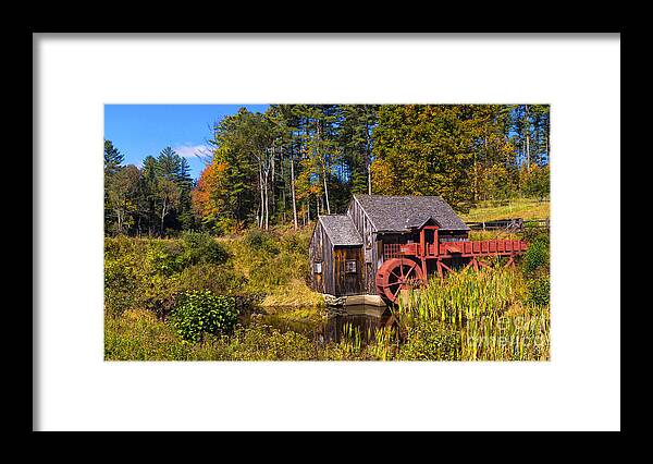 Guildhall Framed Print featuring the photograph Guildhall Grist Mill in fall colors. #1 by New England Photography