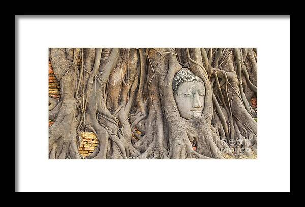 Ancient Framed Print featuring the photograph Head of Sandstone Buddha #1 by Anek Suwannaphoom