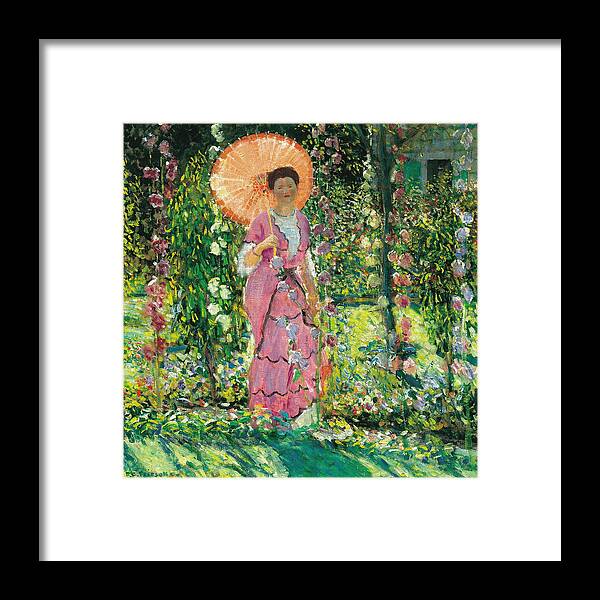 Umbrella Framed Print featuring the painting Hollyhocks #1 by Frederick Carl Frieseke