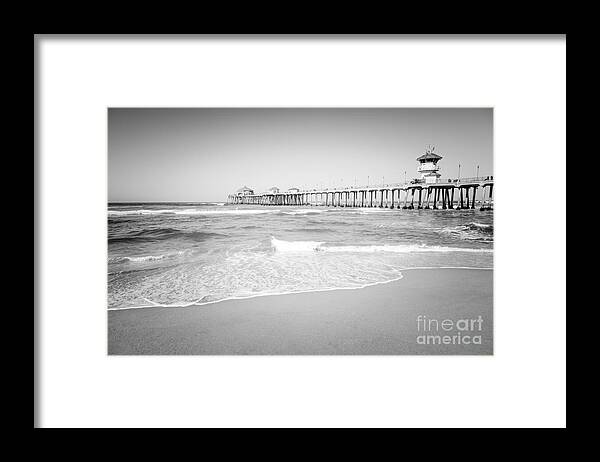 America Framed Print featuring the photograph Huntington Beach Pier Black and White Photo #2 by Paul Velgos
