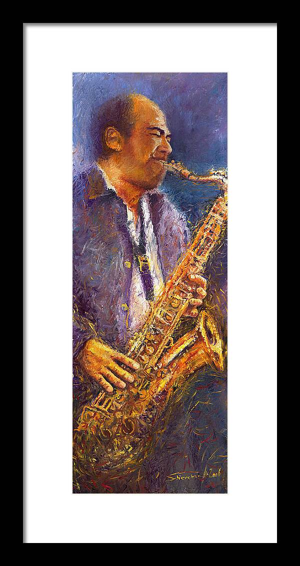 Jazz Framed Print featuring the painting Jazz Saxophonist #1 by Yuriy Shevchuk