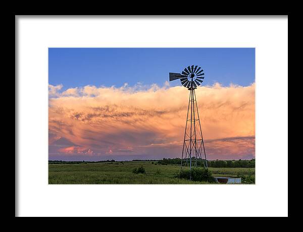 Blue Sky Framed Print featuring the photograph Kansas Windmill and Storm by Scott Bean
