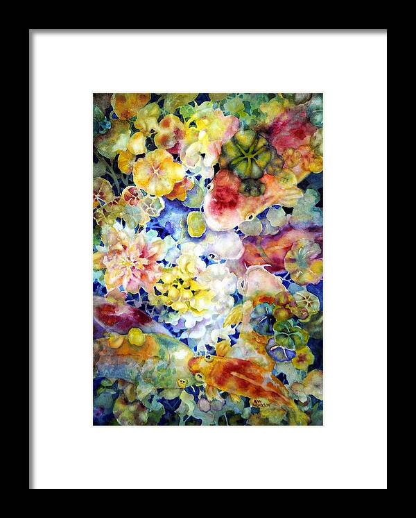 Watercolor Framed Print featuring the painting Koi Garden by Ann Nicholson