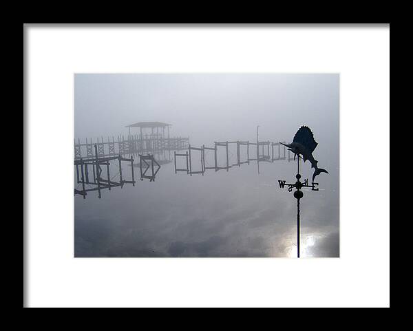 Fog Mist Morning Blue Grey Dock Water Landscape Clouds Reflection Weather Vane Framed Print featuring the photograph Lost In The Fog #1 by Nicole I Hamilton