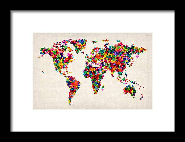 World Map Framed Print featuring the digital art Love Hearts Map of the World Map by Michael Tompsett