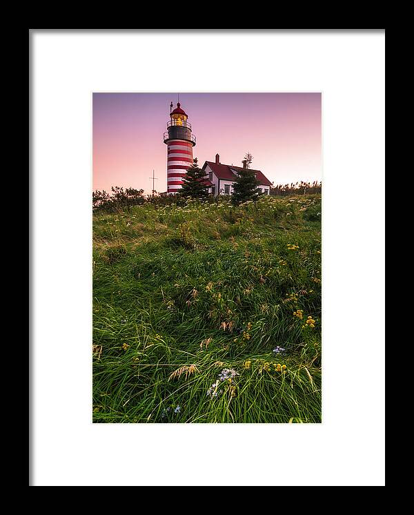Maine Framed Print featuring the photograph Maine West Quoddy Head Lighthouse Sunset #1 by Ranjay Mitra