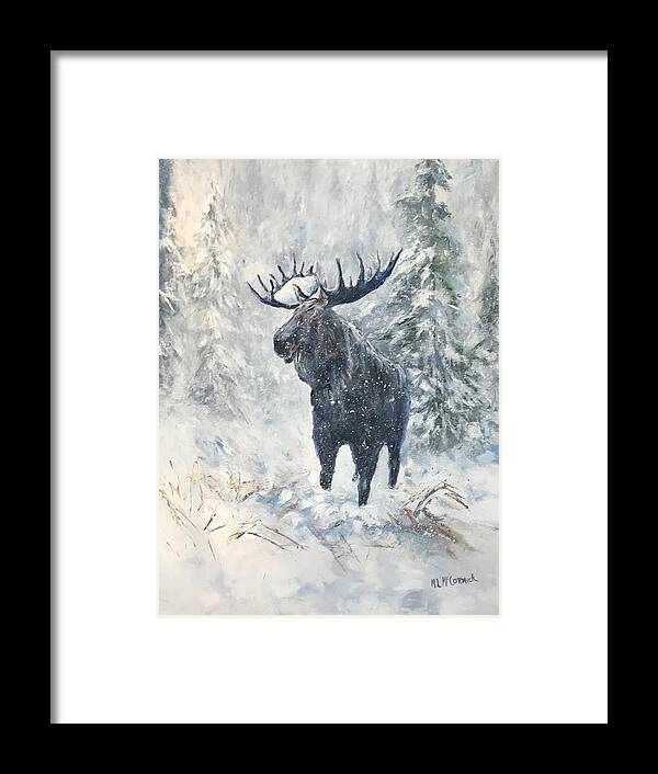 Moose Framed Print featuring the painting Moose in Winter by ML McCormick
