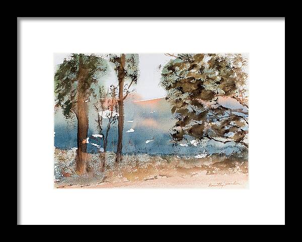 Australia Framed Print featuring the painting Mt Field Gum Tree Silhouettes against Salmon coloured Mountains by Dorothy Darden