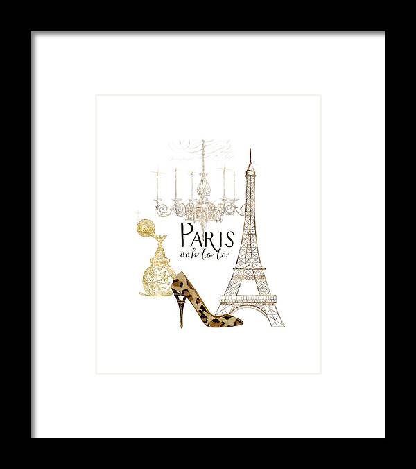 Fashion Framed Print featuring the painting Paris - Ooh la la Fashion Eiffel Tower Chandelier Perfume Bottle by Audrey Jeanne Roberts