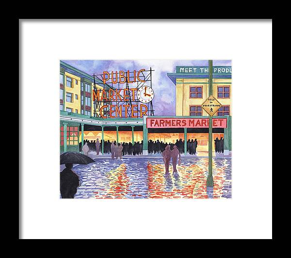 Pike Place Framed Print featuring the painting Pike Place Lights #1 by Scott Nelson