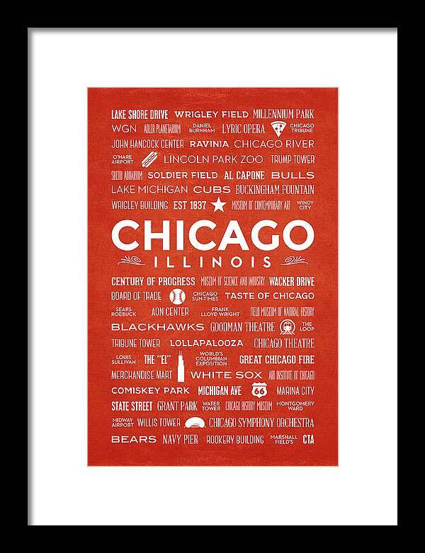 Chicago Framed Print featuring the digital art Places of Chicago on Orange Chalkboard by Christopher Arndt