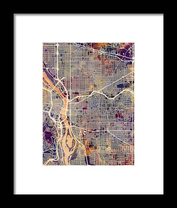 Portland Framed Print featuring the digital art Portland Oregon City Map #1 by Michael Tompsett