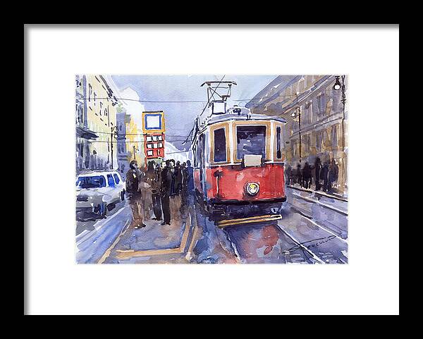 Cityscape Framed Print featuring the painting Prague Old Tram 03 #1 by Yuriy Shevchuk