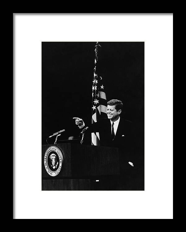 History Framed Print featuring the photograph President Kennedy Pointing #1 by Everett