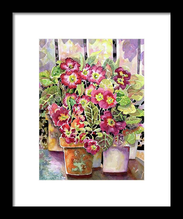 Watercolor Framed Print featuring the painting Primroses In Pots #1 by Ann Nicholson
