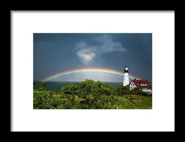 Portland Headlight Framed Print featuring the photograph Rainbow at Portland Headlight by Darryl Hendricks