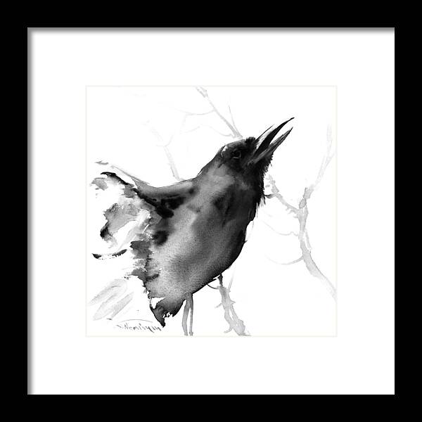 Black And White Framed Print featuring the painting Raven #1 by Suren Nersisyan