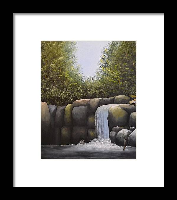 A Painting Of A Waterfalls In A Forest With Large Boulders. There Is A Blue Cloudless Sky And The Forest Trees Have Very Dense Green Leaves. The Large Boulders Are Different Colors And The Small Lake Water Is Dark In Color. Framed Print featuring the painting Rocky Falls by Martin Schmidt