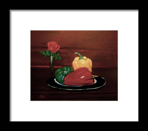 Peppers Framed Print featuring the painting Rose and Peppers #1 by Bruce Ben Pope