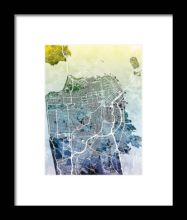 San Francisco Framed Print featuring the digital art San Francisco City Street Map #1 by Michael Tompsett
