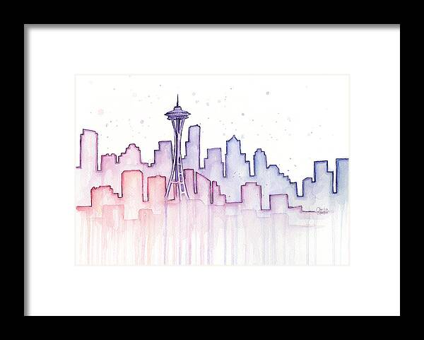 Watercolor Framed Print featuring the painting Seattle Skyline Watercolor #2 by Olga Shvartsur