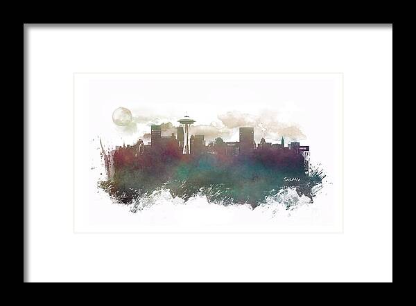 Seattle Framed Print featuring the digital art Seattle Washington skyline #1 by Justyna Jaszke JBJart