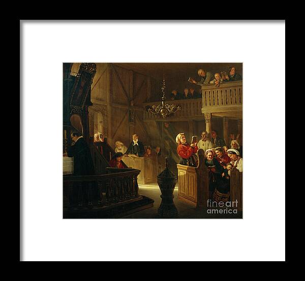 Adolph Tidemand Framed Print featuring the painting Service in a norwegian country church #1 by Adolph Tidemand