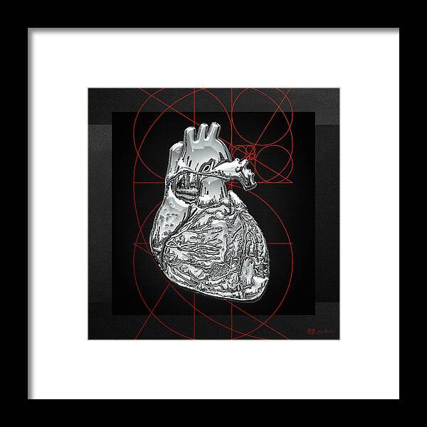 inner Workings Collection By Serge Averbukh Framed Print featuring the photograph Silver Human Heart on Black Canvas #1 by Serge Averbukh