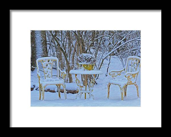 Snowy Sit A Spell Framed Print featuring the photograph Snowy Sit a Spell by PJQandFriends Photography