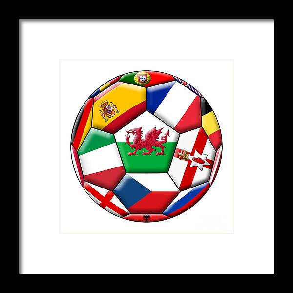 Europe Framed Print featuring the digital art Soccer ball with flag of Wales in the center #1 by Michal Boubin