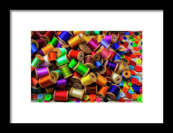Spools Framed Print featuring the photograph Spools Of Thread With Buttons #2 by Garry Gay