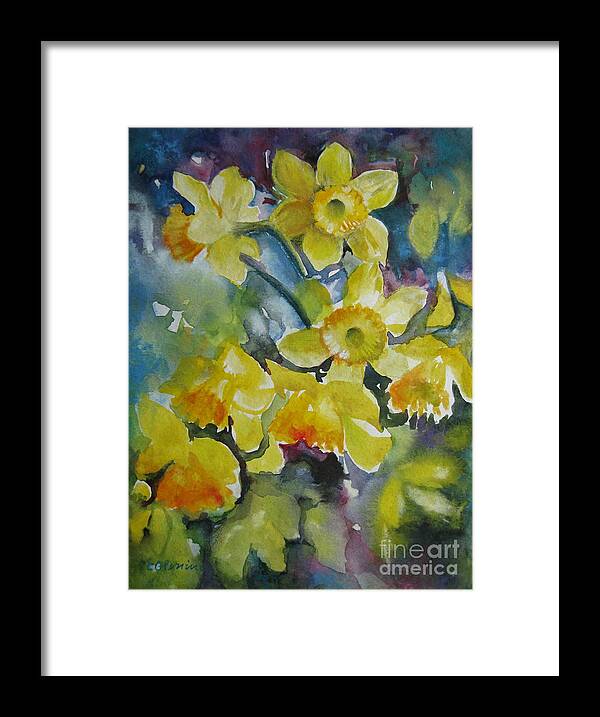 Daffodils Framed Print featuring the painting Spring flowers #1 by Elena Oleniuc