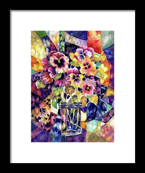 Watercolor Framed Print featuring the painting Stained Glass Pansies #1 by Ann Nicholson