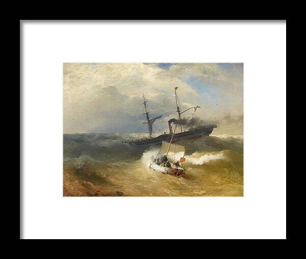 Andreas Achenbach Framed Print featuring the painting Steam Ship and Sailing Boat in Rough Seas by Andreas Achenbach