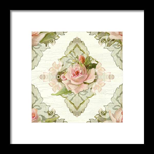 Vintage Framed Print featuring the painting Summer At The Cottage - Vintage Style Damask Roses #3 by Audrey Jeanne Roberts